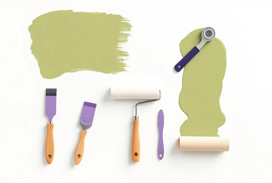 Outils de peinture disposés dans l'ordre des étapes du chantier