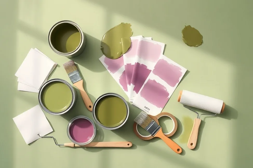Pots de peinture, nuancier, brosses et rouleaux disposés à plat