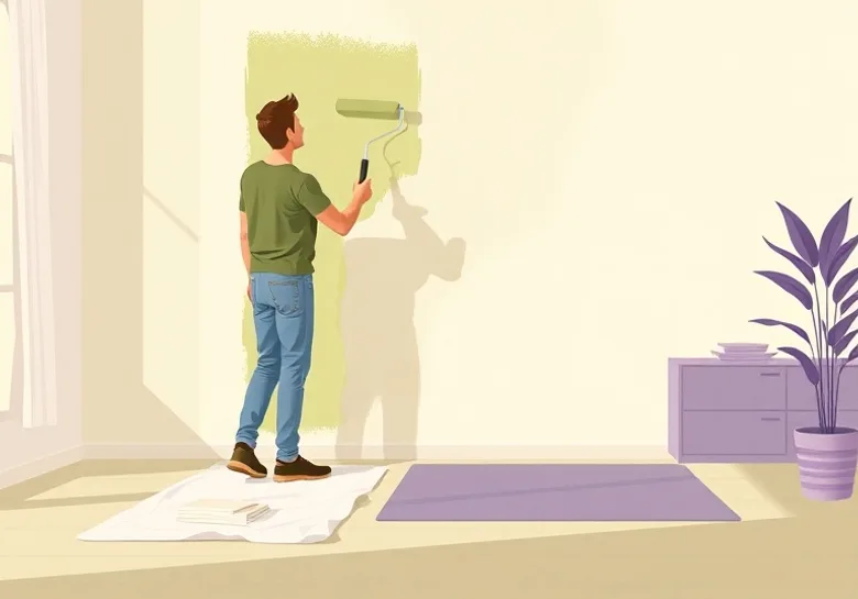 Peintre appliquant la peinture au rouleau sur un mur de salon